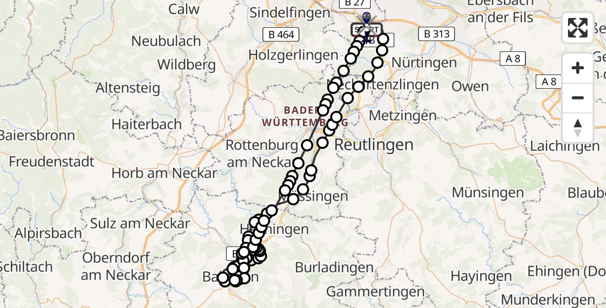 Flugroute Polizeihubschrauber Flughafen Stuttgart - Flughafen Stuttgart, 25 März 2026, 20:01