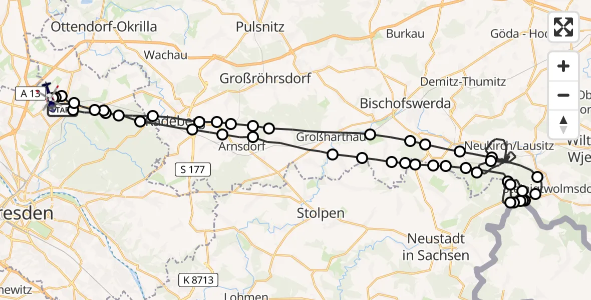 Flugroute Polizeihubschrauber Klotzsche - Dresden Bundespolizei Hubschrauberlandeplatz, 25 März 2026, 20:52