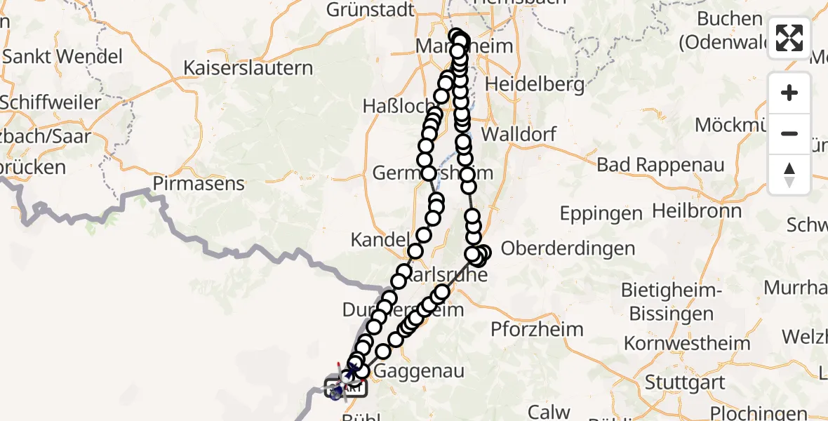 Routekaart van de vlucht: Polizeihubschrauber nach Karlsruhe Baden-Baden Flughafen