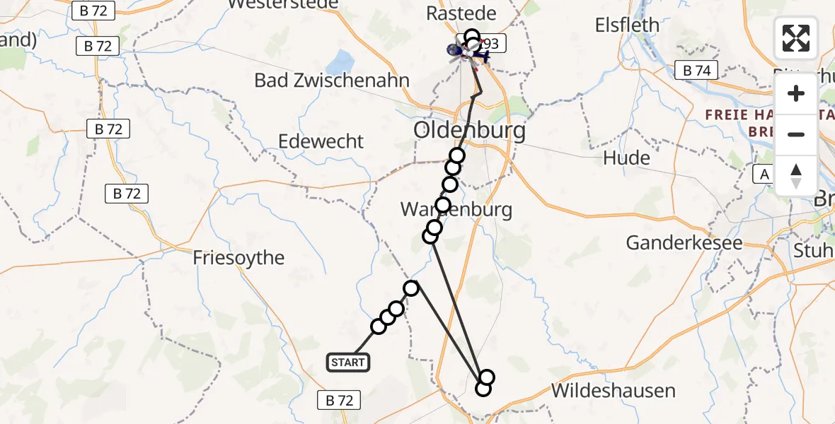 Flugroute Polizeihubschrauber Garrel - Neusüdende, 25 März 2026, 21:59