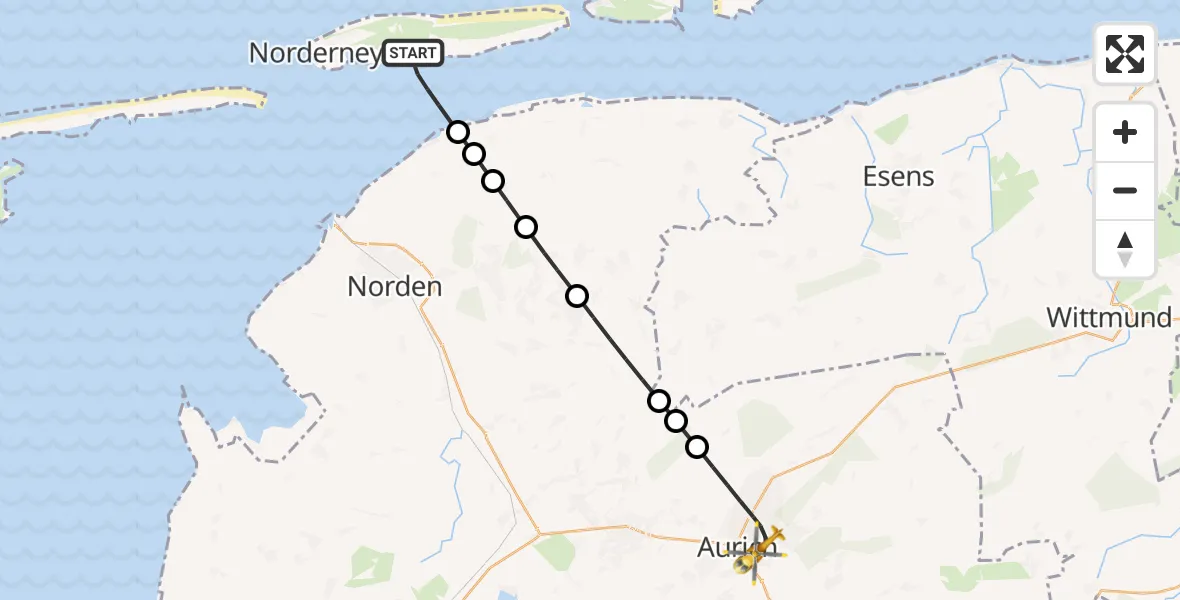 Flugroute Rettungshubschrauber Noordzee - Aurich, 25 März 2026, 22:03