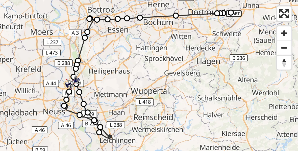 Flugroute Polizeihubschrauber Dortmund Flughafen - Düsseldorf Flughafen, 25 März 2026, 22:05