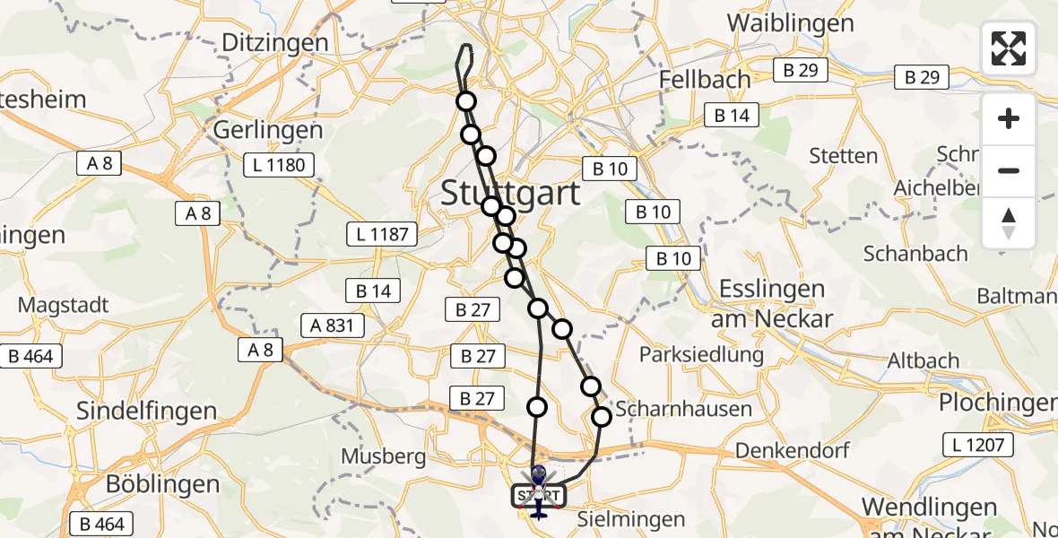 Flugroute Polizeihubschrauber Flughafen Stuttgart - Flughafen Stuttgart, 25 März 2026, 22:32