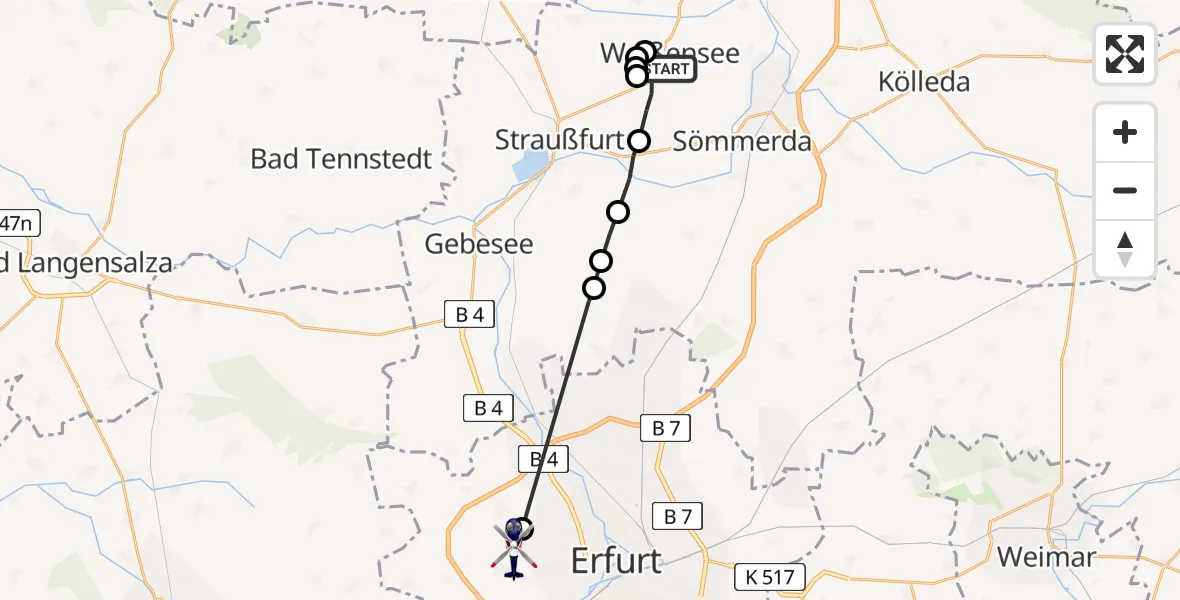 Routekaart van de vlucht: Polizeihubschrauber nach Erfurt-Weimar Flughafen