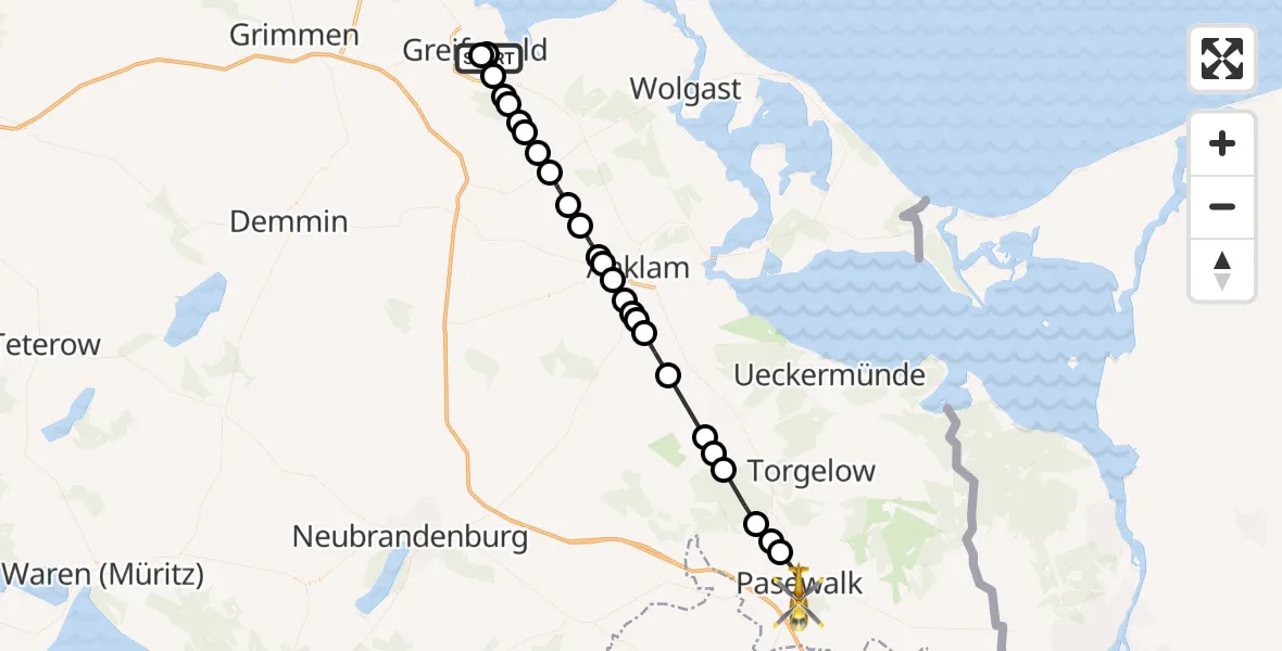 Flugroute Rettungshubschrauber Greifswald Hospital - Pasewalk, 25 März 2026, 23:04