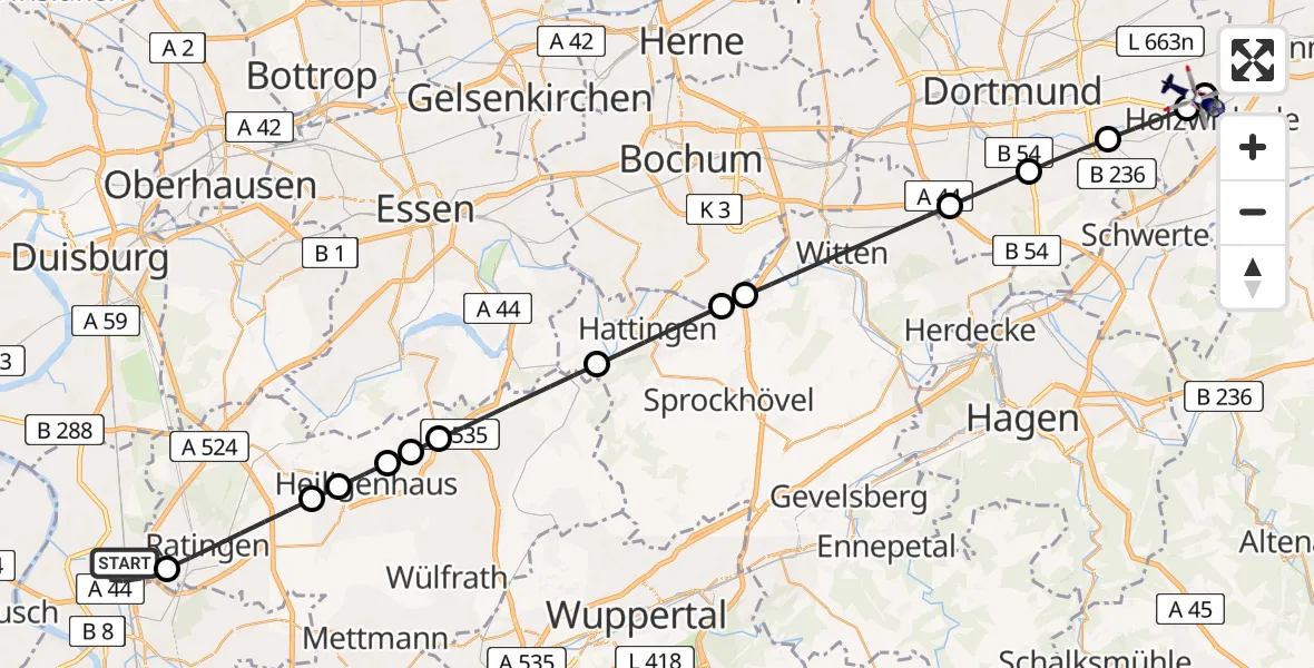 Flugroute Polizeihubschrauber Düsseldorf Flughafen - Dortmund Flughafen, 26 März 2026, 00:35