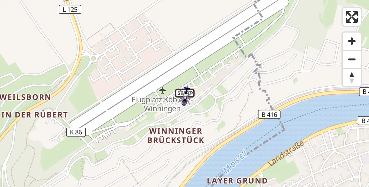Flugroute Polizeihubschrauber Koblenz-Winningen Flugplatz - Koblenz-Winningen Flugplatz, 26 März 2026, 05:48
