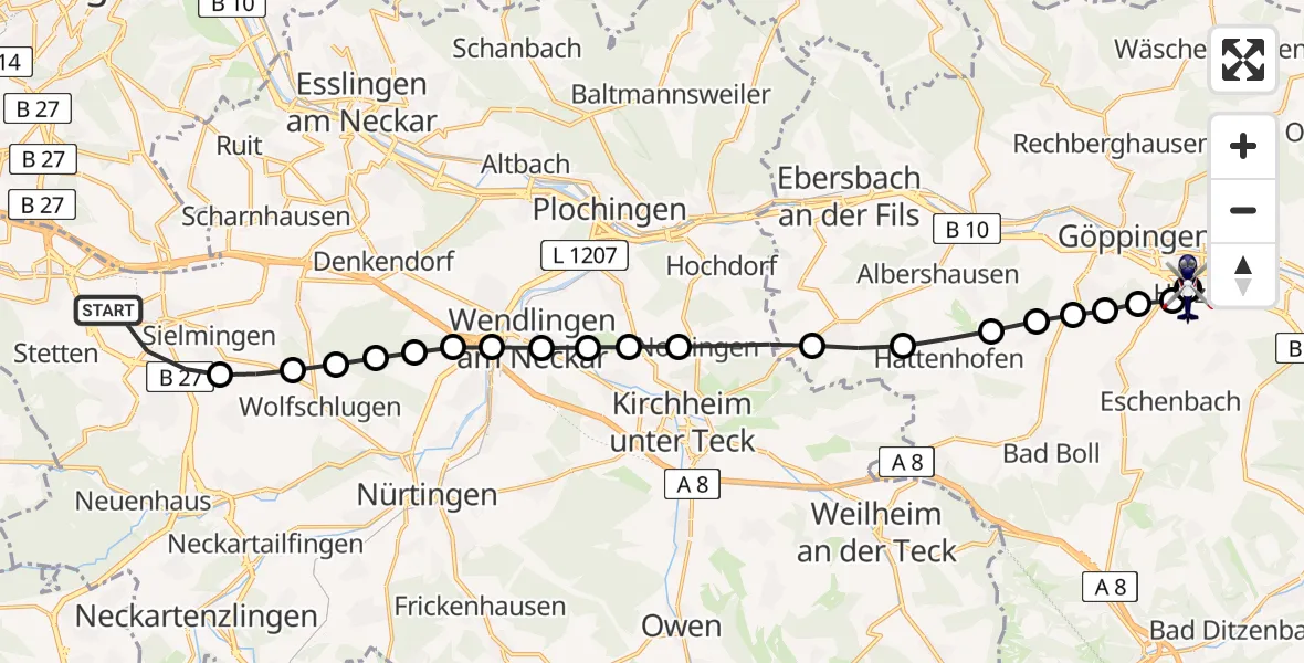 Flugroute Polizeihubschrauber Flughafen Stuttgart - Göppingen (Kernstadt), 26 März 2026, 05:53