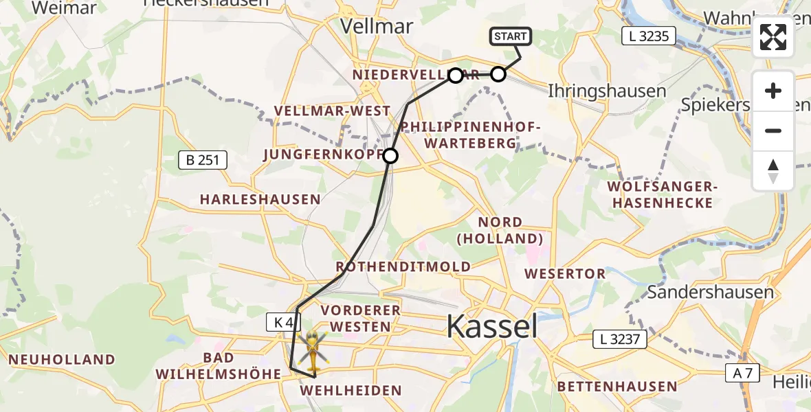 Flugroute Rettungshubschrauber Fuldatal Bundespolizei Hubschrauberlandeplatz - Kassel, 26 März 2026, 06:00