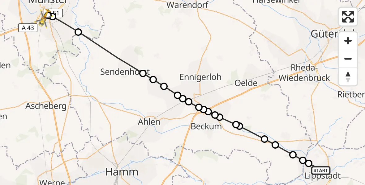 Flugroute Ambulanzhubschrauber Lippstadt - Münster-Mitte, 26 März 2026, 06:08