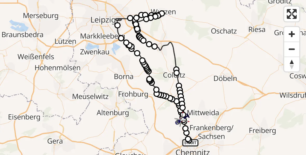 Routekaart van de vlucht: Polizeihubschrauber nach Königshain-Wiederau, Lugweg