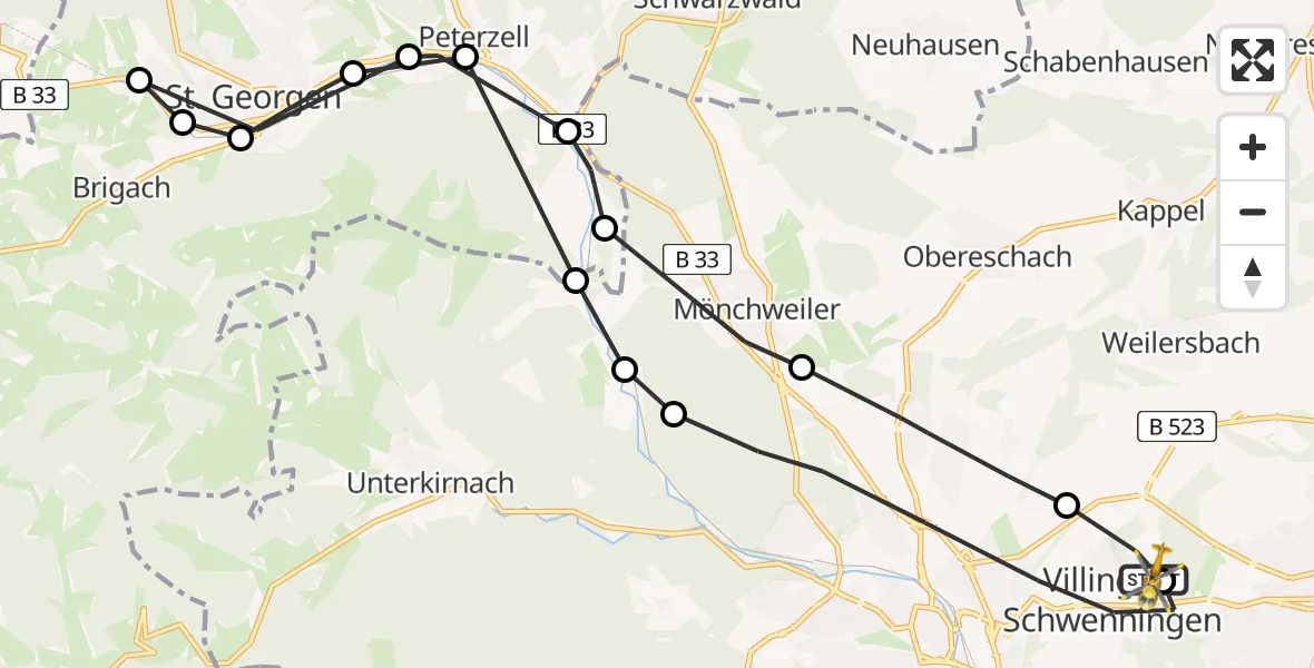 Routekaart van de vlucht: Rettungshubschrauber nach DRF Air Rescue Station Villingen-Schwenningen Hubschrauberlandeplatz (Christoph 11)