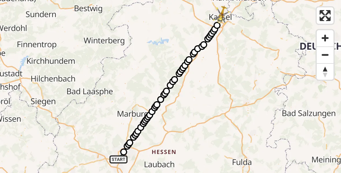 Flugroute Rettungshubschrauber Gießen - Kassel, 26 März 2026, 07:16