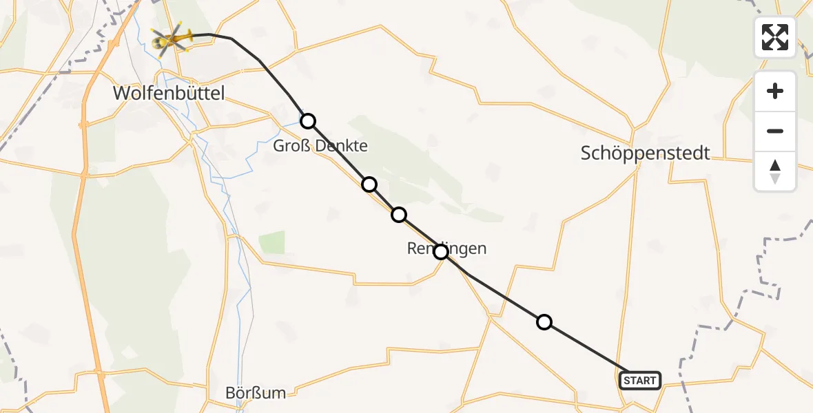 Routekaart van de vlucht: Rettungshubschrauber nach Wolfenbüttel Municipal Hospital Heliport (Christoph 30)