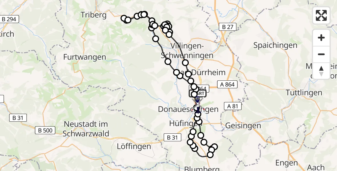 Flugroute Polizeihubschrauber Donaueschingen-Villingen Flugplatz - Donaueschingen-Villingen Flugplatz, 26 März 2026, 08:01