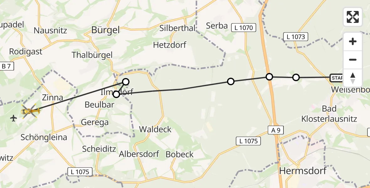 Routekaart van de vlucht: Rettungshubschrauber nach Jena-Schöngleina Flugplatz