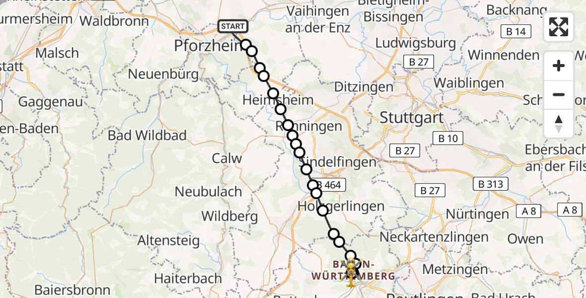 Flugroute Rettungshubschrauber Eutingen - Tübingen Trauma Hospital, 26 März 2026, 08:11