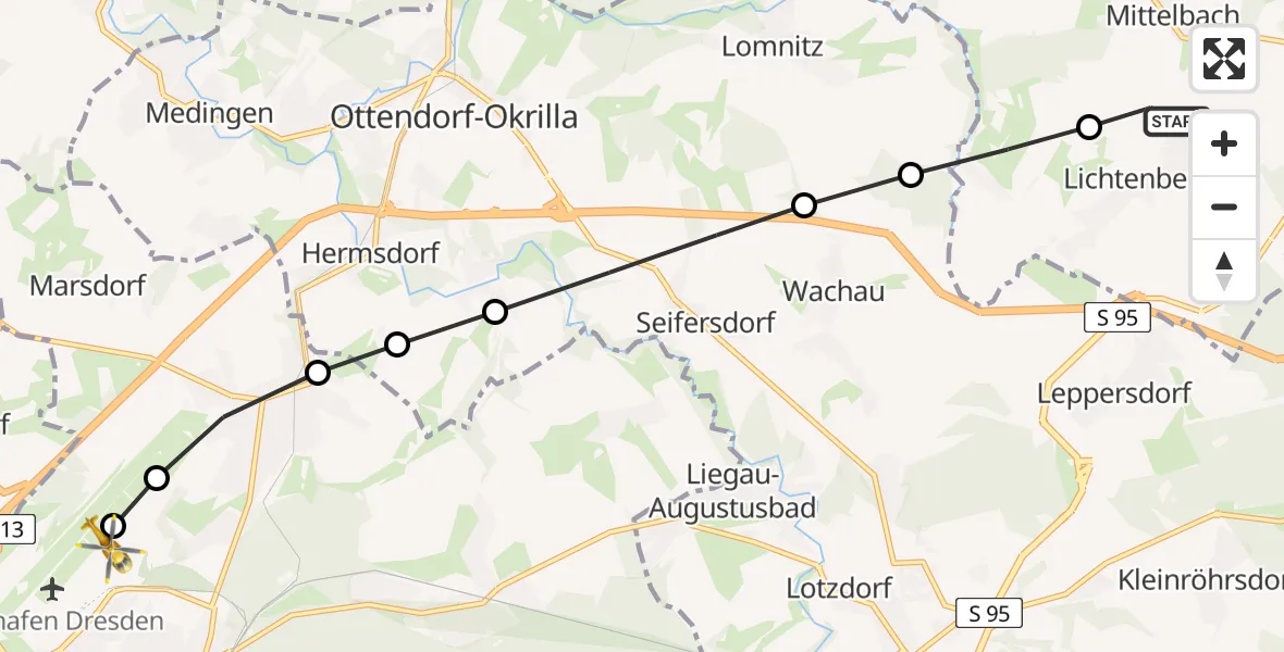Routekaart van de vlucht: Rettungshubschrauber nach Dresden Bundespolizei Hubschrauberlandeplatz