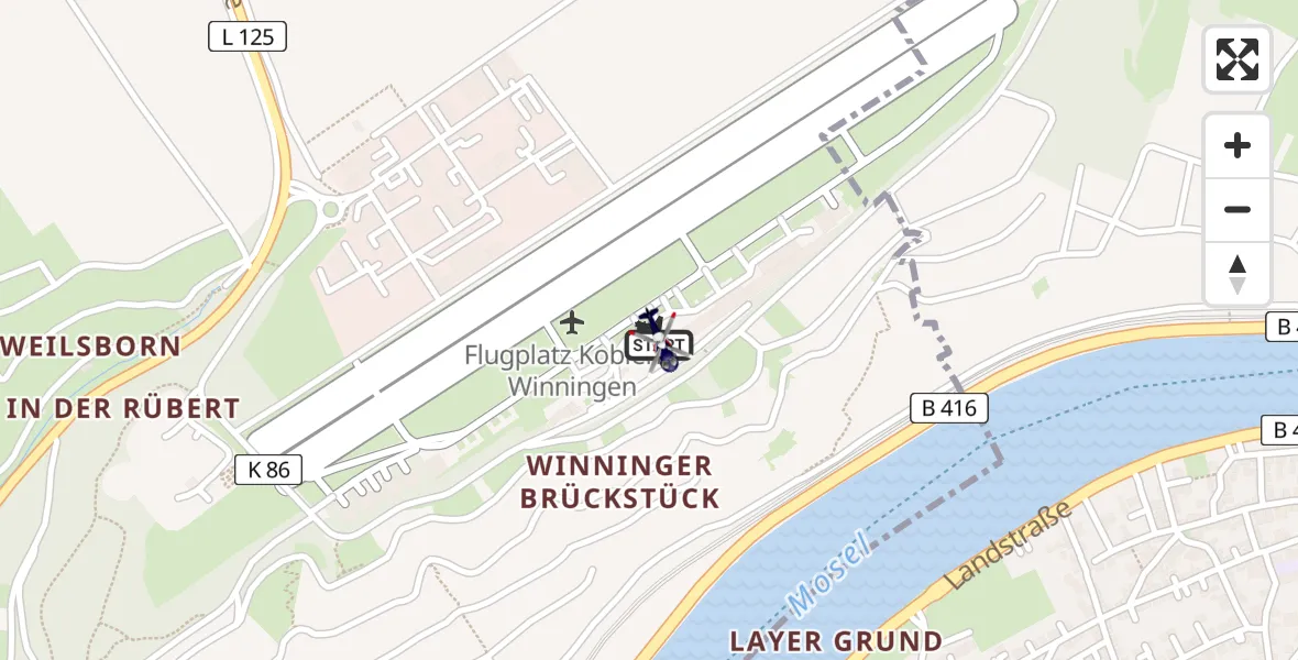 Routekaart van de vlucht: Polizeihubschrauber nach Koblenz-Winningen Flugplatz