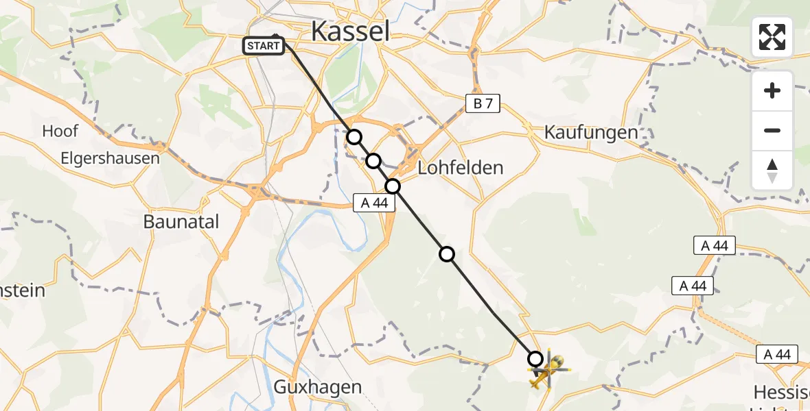 Flugroute Rettungshubschrauber Kassel - Wattenbach, 26 März 2026, 08:39