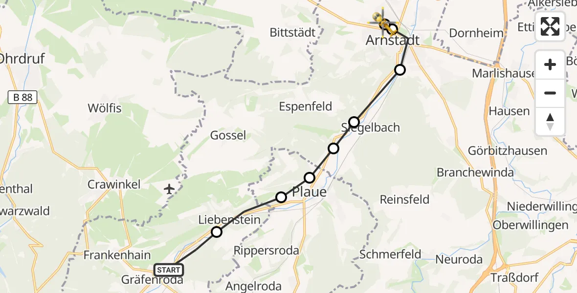 Flugroute Rettungshubschrauber Gräfenroda - Ilm District Hospital Arnstadt-Ilmenau, 26 März 2026, 08:51