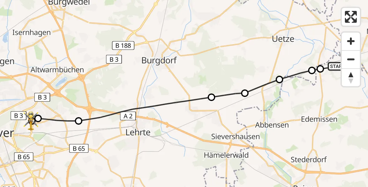 Flugroute Rettungshubschrauber Plockhorst - Hannover Luftrettung Hubschrauberlandeplatz (Christoph 4), 26 März 2026, 08:56