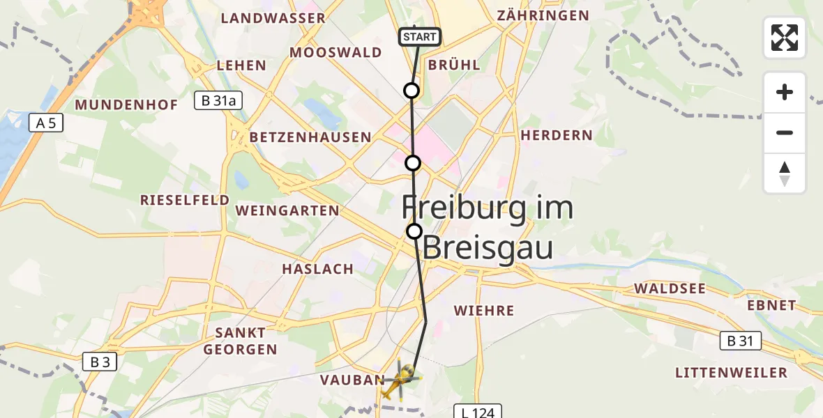 Flugroute Ambulanzhubschrauber Freiburg im Breisgau Flugplatz - Freiburg im Breisgau, 26 März 2026, 09:01