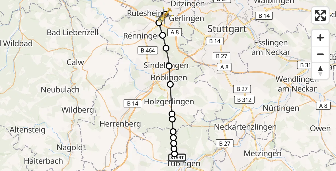 Flugroute Rettungshubschrauber Tübingen Trauma Hospital - Leonberg Hospital, 26 März 2026, 09:02