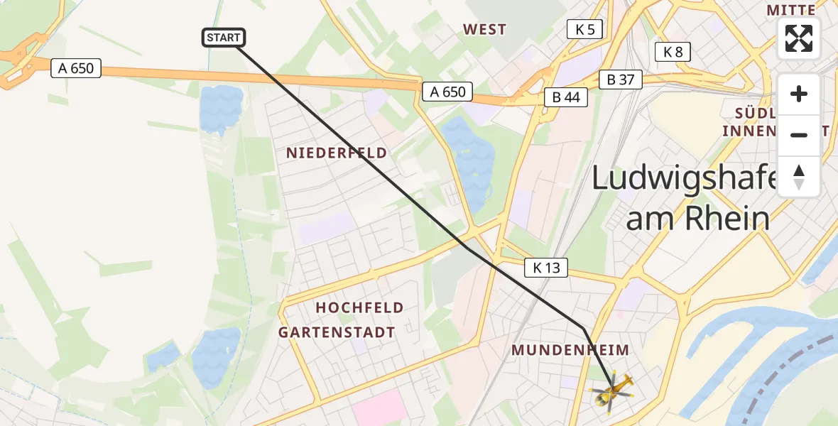 Flugroute Rettungshubschrauber Ludwigshafen am Rhein - Ludwigshafen am Rhein, 26 März 2026, 09:07