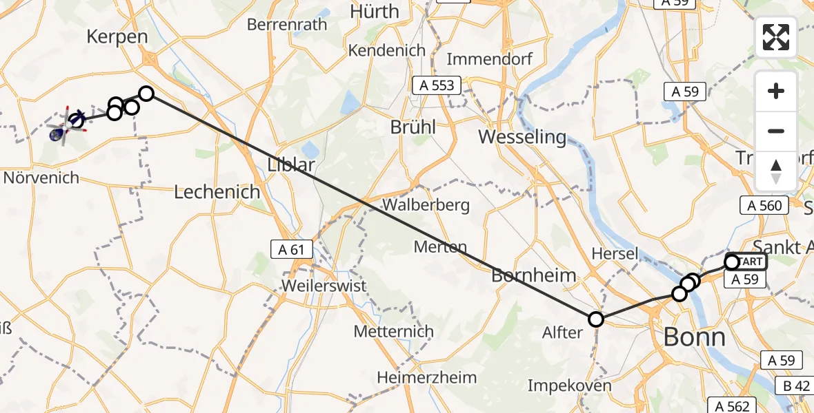 Flugroute Polizeihubschrauber Sankt Augustin - Militärflugplatz Nörvenich, 26 März 2026, 09:10