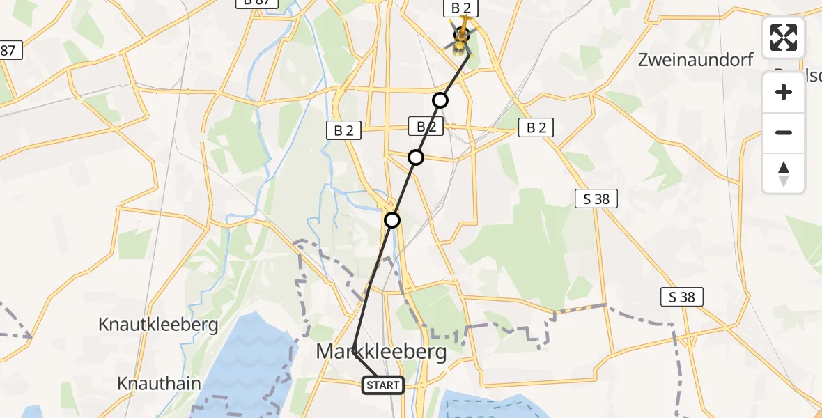 Routekaart van de vlucht: Rettungshubschrauber nach Leipzig University Hospital Hubschrauberlandeplatz 2