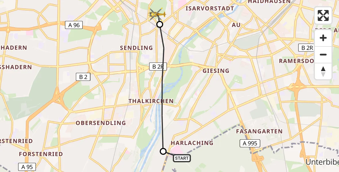 Flugroute Rettungshubschrauber ADAC Air Rescue Center Hubschrauberlandeplatz (Christoph 1) - Ludwigsvorstadt-Isarvorstadt, 26 März 2026, 09:29