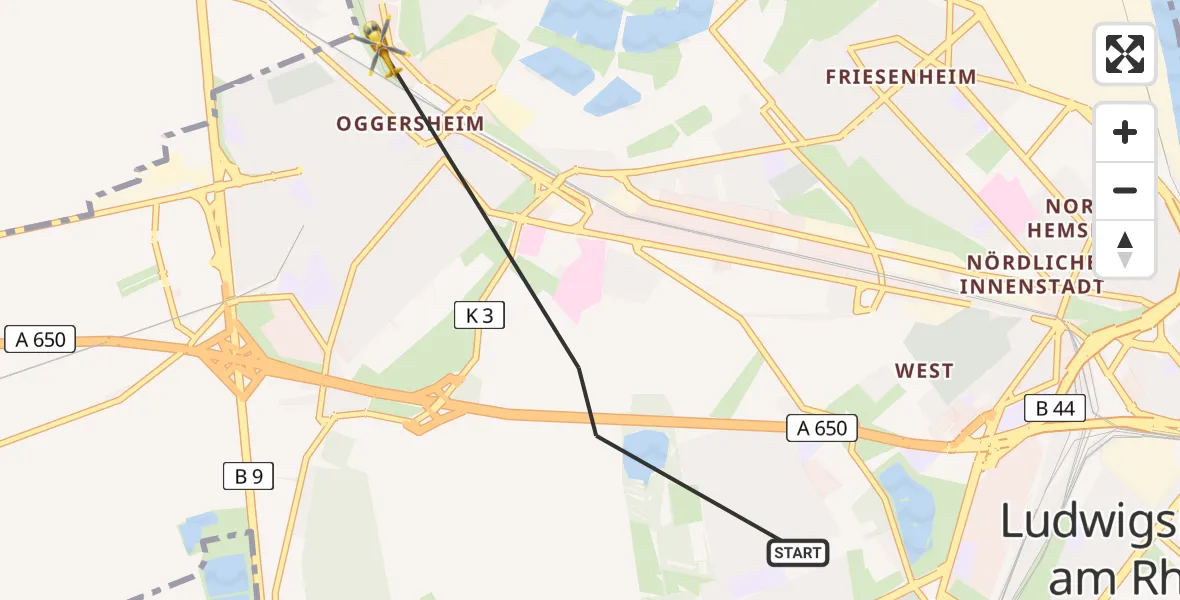 Flugroute Rettungshubschrauber Ludwigshafen am Rhein - Ludwigshafen am Rhein, 26 März 2026, 09:35