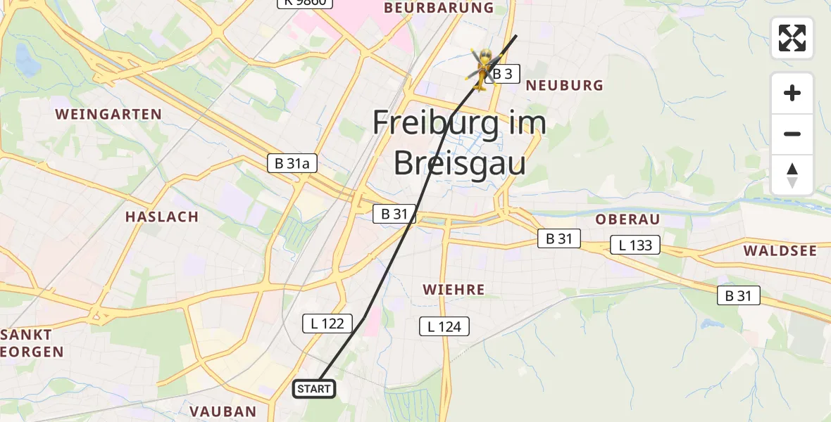 Flugroute Ambulanzhubschrauber Freiburg im Breisgau - Freiburg im Breisgau, 26 März 2026, 09:36