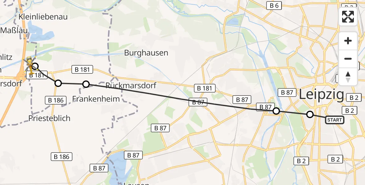Flugroute Rettungshubschrauber Leipzig University Hospital Heliport 1 - ADAC Air Rescue Station Leipzig/Schkeuditz-Dölzig Hubschrauberlandeplatz (Christoph 61), 26 März 2026, 09:37