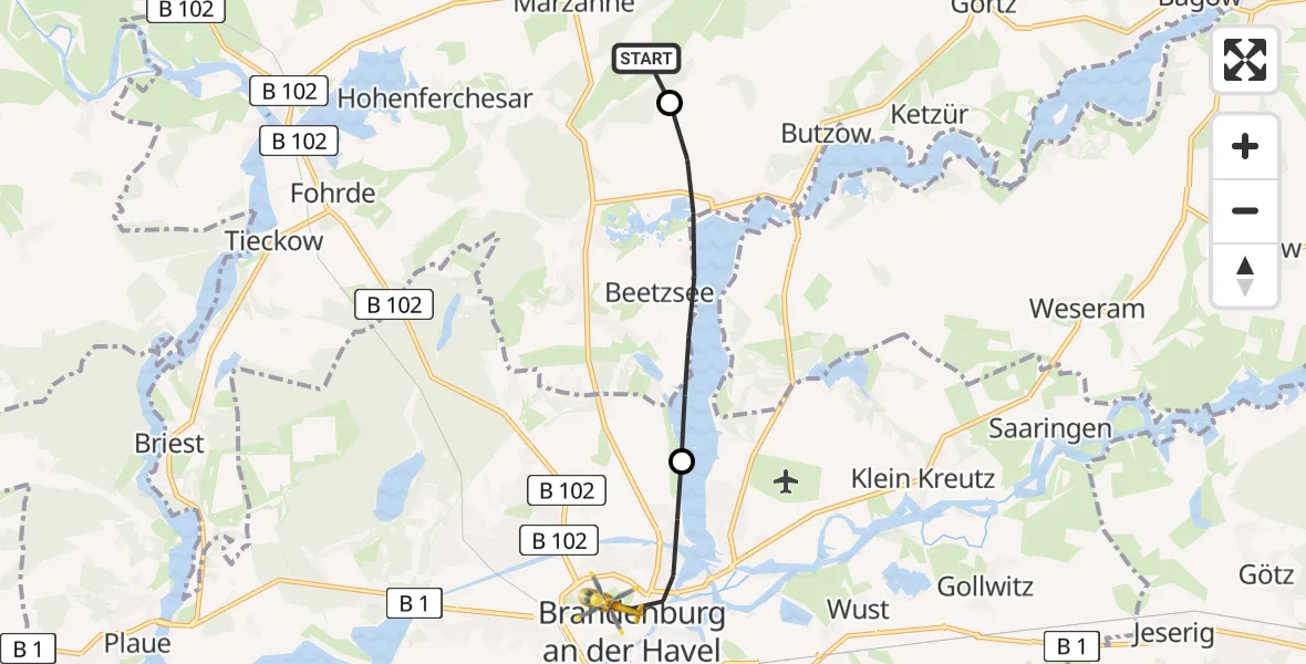Flugroute Rettungshubschrauber Marzahne - Brandenburg an der Havel, 26 März 2026, 09:37