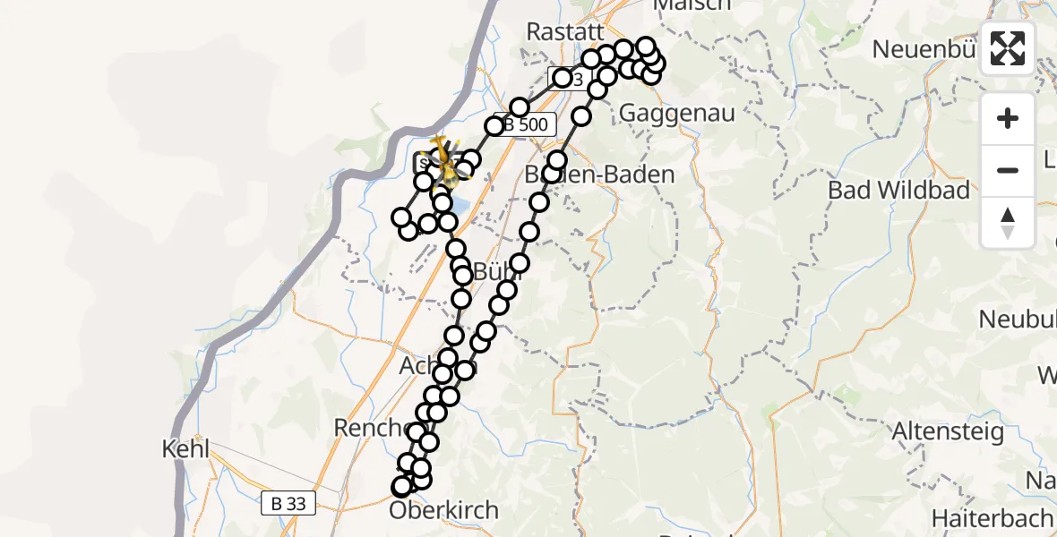 Flugroute Rettungshubschrauber Karlsruhe Baden-Baden Flughafen - Karlsruhe Baden-Baden Flughafen, 26 März 2026, 09:41