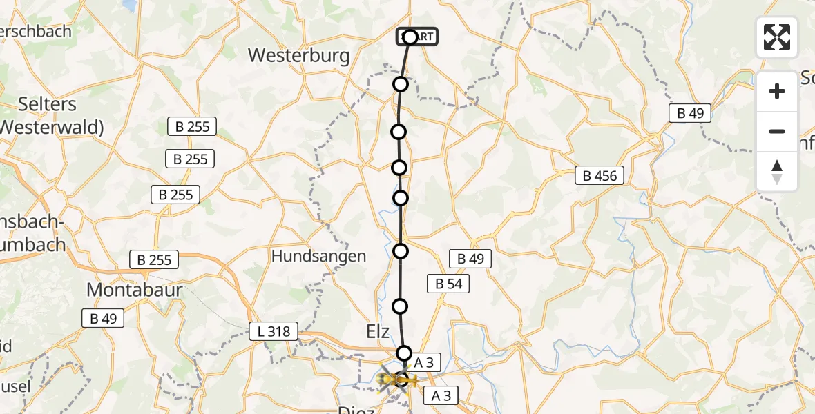 Flugroute Rettungshubschrauber Hüblingen - Saint Vincent Hospital Limburg, 26 März 2026, 09:44