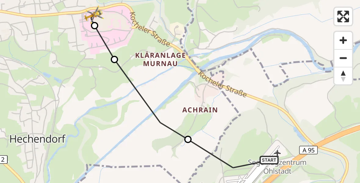 Flugroute Rettungshubschrauber Ohlstadt Flugplatz - Murnau Accident Hospital, 26 März 2026, 09:50