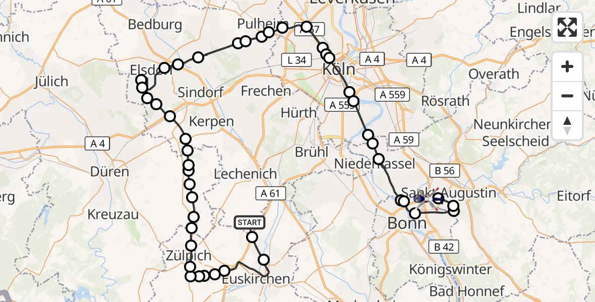Flugroute Polizeihubschrauber Niederberg - Sankt Augustin, 26 März 2026, 09:54