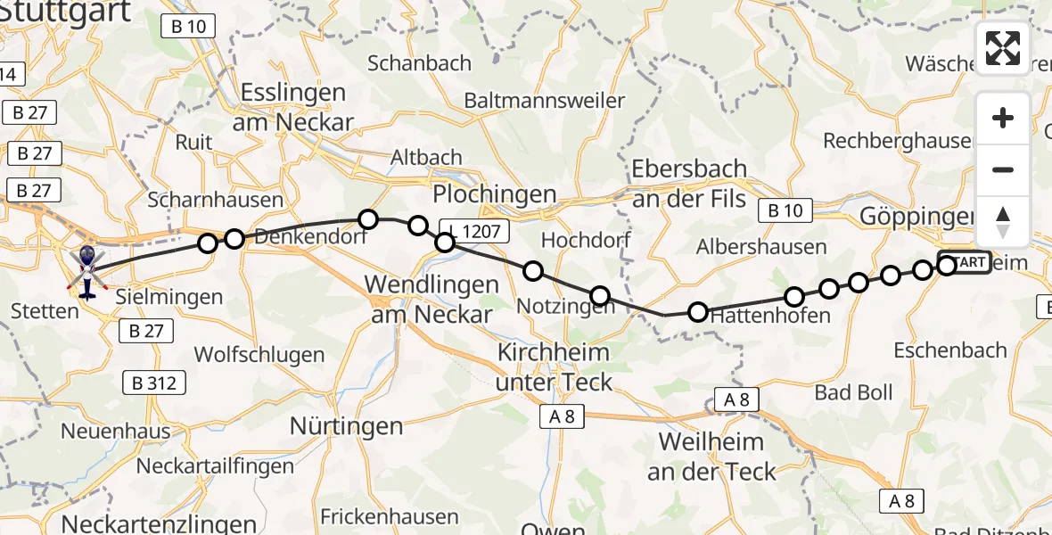 Flugroute Polizeihubschrauber Göppingen (Kernstadt) - Flughafen Stuttgart, 26 März 2026, 09:56