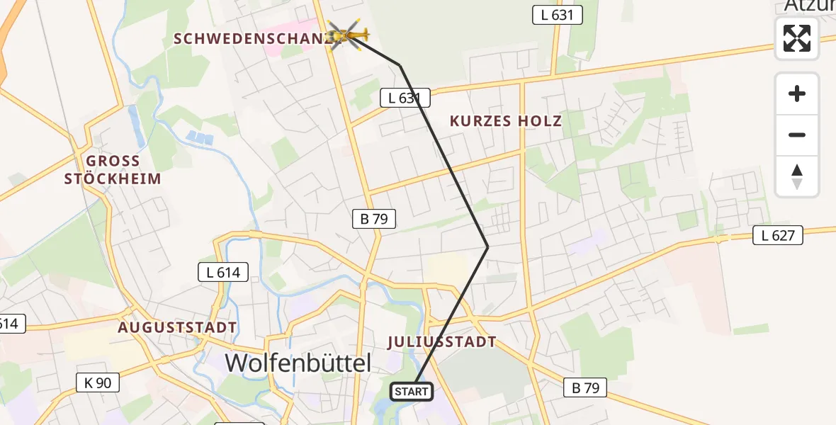 Flugroute Rettungshubschrauber Wolfenbüttel - Wolfenbüttel Municipal Hospital Hubschrauberlandeplatz (Christoph 30), 26 März 2026, 09:57
