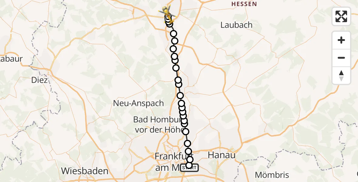 Flugroute Rettungshubschrauber Sana Hospital Offenbach - Gießen, 26 März 2026, 10:05