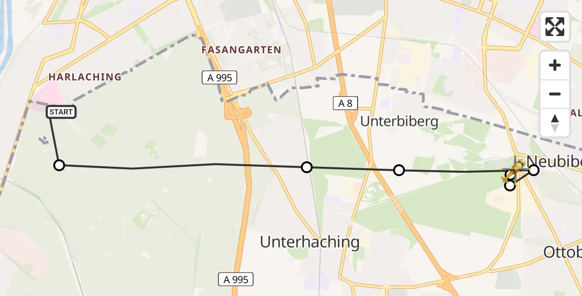 Flugroute Rettungshubschrauber ADAC Air Rescue Center Hubschrauberlandeplatz (Christoph 1) - Neubiberg, 26 März 2026, 10:06