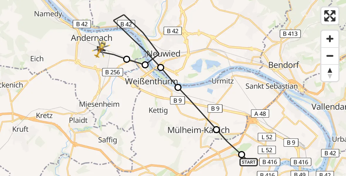 Flugroute Rettungshubschrauber Koblenz - Andernach, 26 März 2026, 10:12