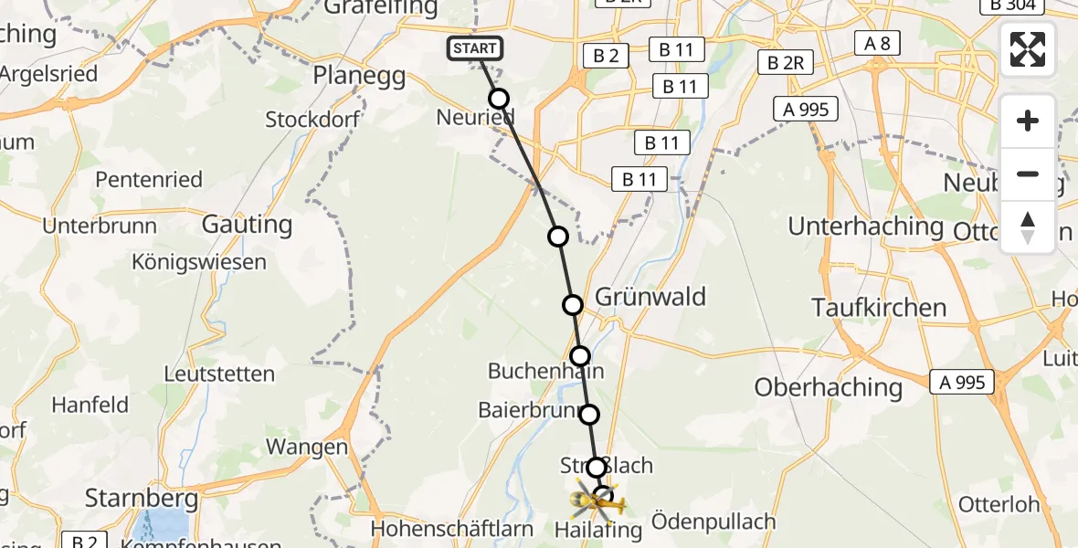Flugroute Rettungshubschrauber DRF Air Rescue München Hubschrauberlandeplatz - Hailafing, 26 März 2026, 10:13