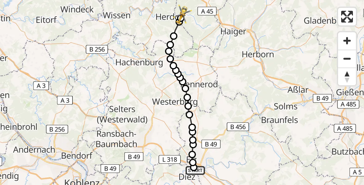 Flugroute Rettungshubschrauber Saint Vincent Hospital Limburg - Altenseelbach, 26 März 2026, 10:18