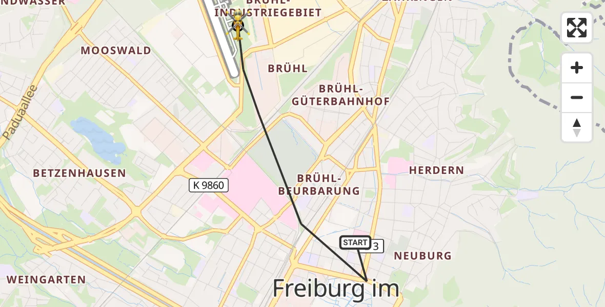 Flugroute Ambulanzhubschrauber Freiburg im Breisgau - Freiburg im Breisgau Flugplatz, 26 März 2026, 10:21