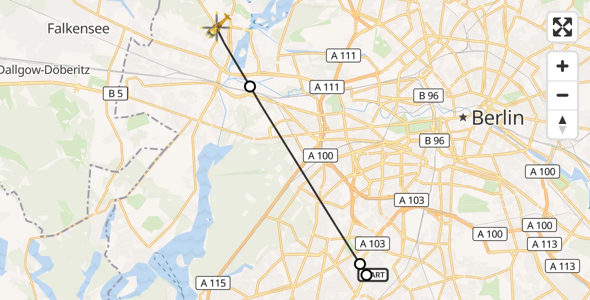 Flugroute Rettungshubschrauber Charité Clinic Benjamin Franklin Campus - Spandau, 26 März 2026, 10:28