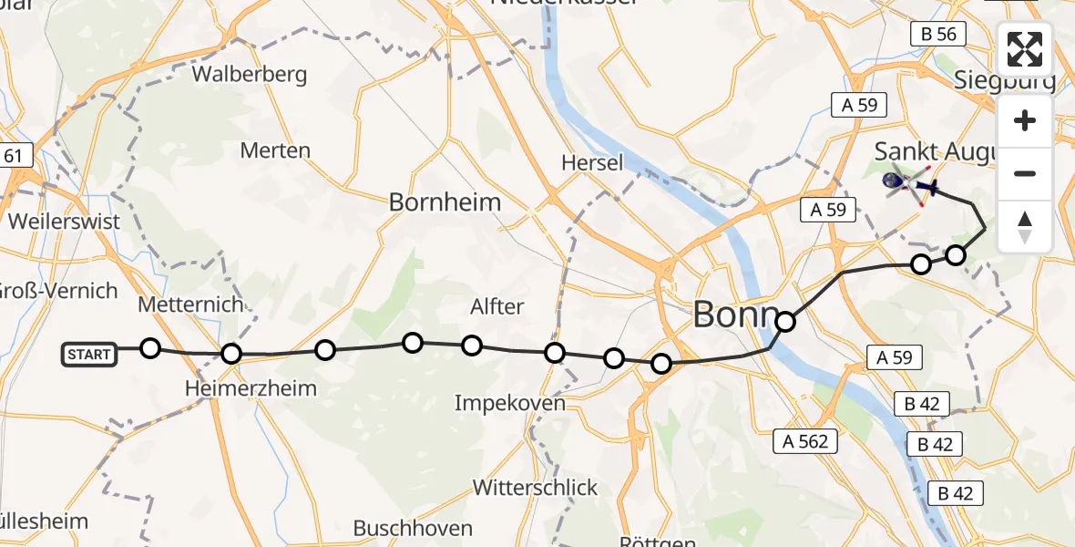 Flugroute Polizeihubschrauber Weilerswist - Sankt Augustin, 26 März 2026, 10:35